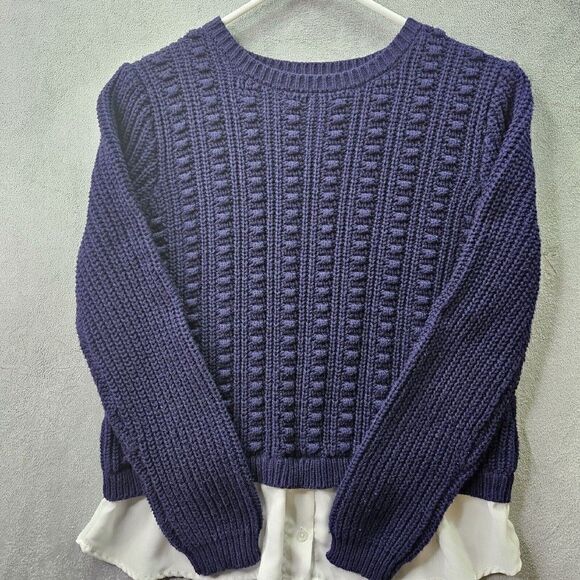 Cable & Gauge Sweater Womens L Blue White Casual Long Sleeve Cable Knit Shirt - Picture 1 of 7